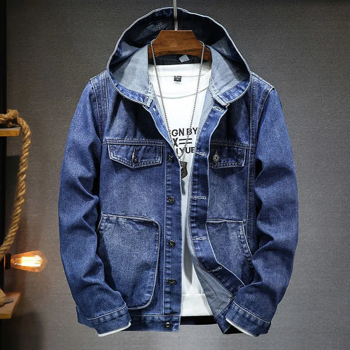 Denimjakke til mænd med hætte i vintagestil