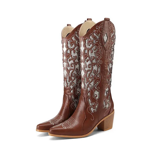 Céline - western cowboy ankelstøvler med broderi og hæl