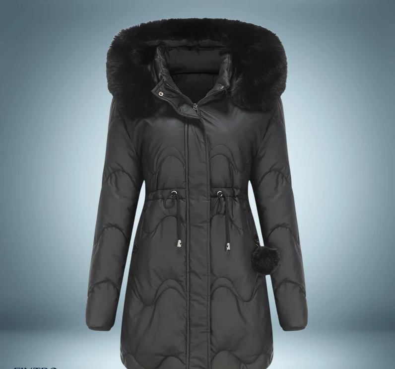 Farverig parka med pelskrave