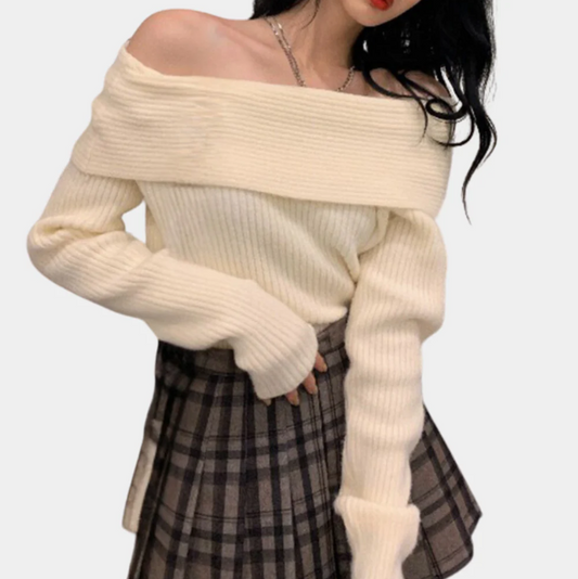 Leorina - stilfuld off-shoulder sweater til kvinder med et elegant strikmønster