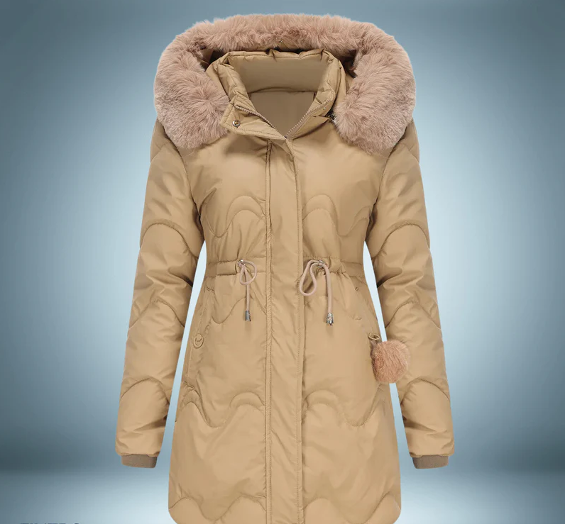Farverig parka med pelskrave