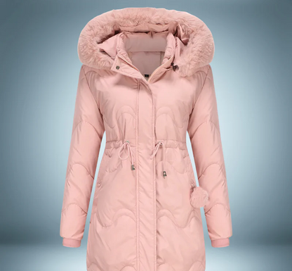 Farverig parka med pelskrave