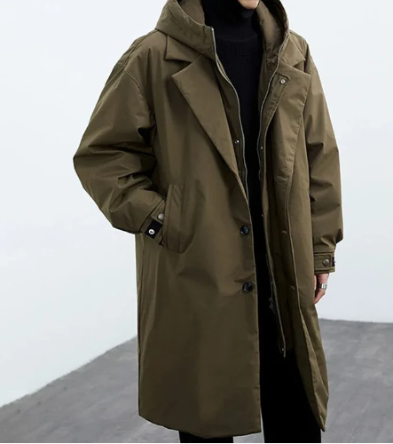 Trenchcoat med hætte og knaplukning til mænd