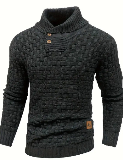 Strikket sweater med sjalkrave og knaplukning til herrer