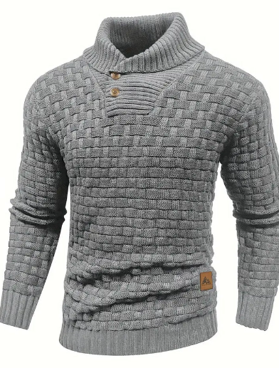Strikket sweater med sjalkrave og knaplukning til herrer