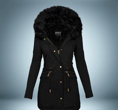 Eksklusiv parka med pelskrave i sort