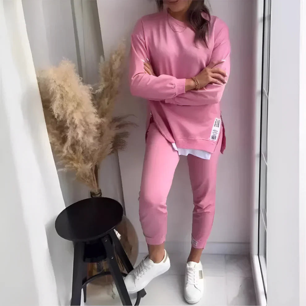 2-delt buksesæt og sweatshirt i patchwork til kvinder