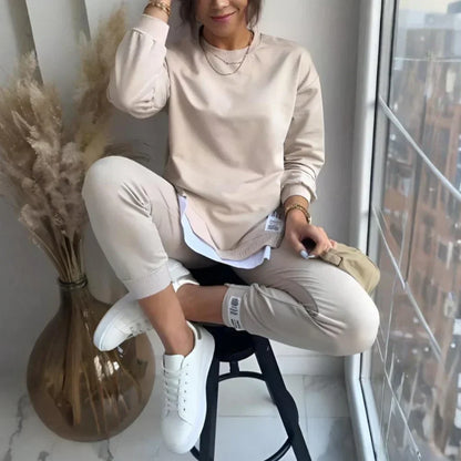 2-delt buksesæt og sweatshirt i patchwork til kvinder