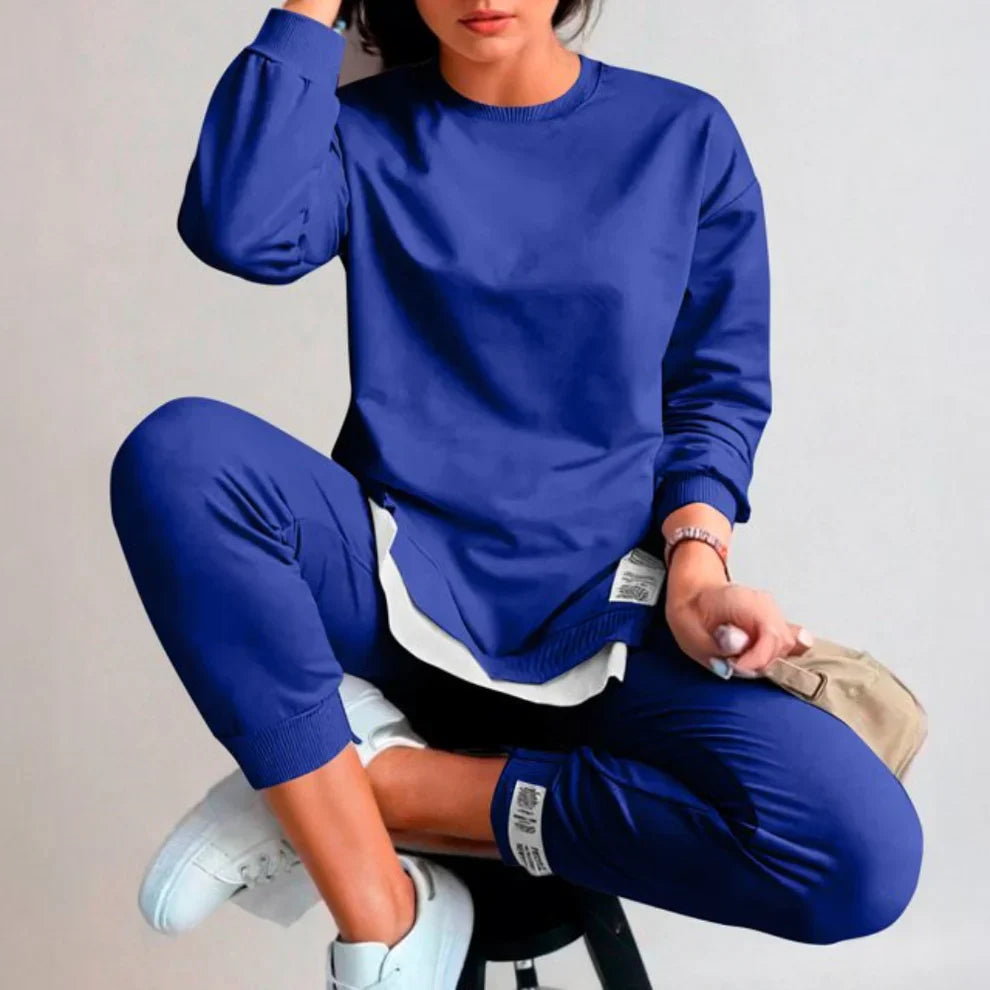 2-delt buksesæt og sweatshirt i patchwork til kvinder