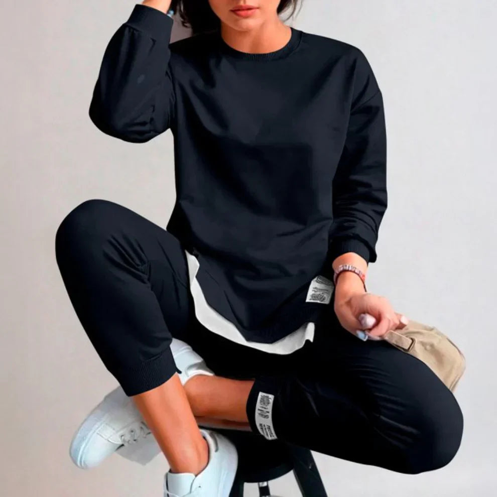 2-delt buksesæt og sweatshirt i patchwork til kvinder