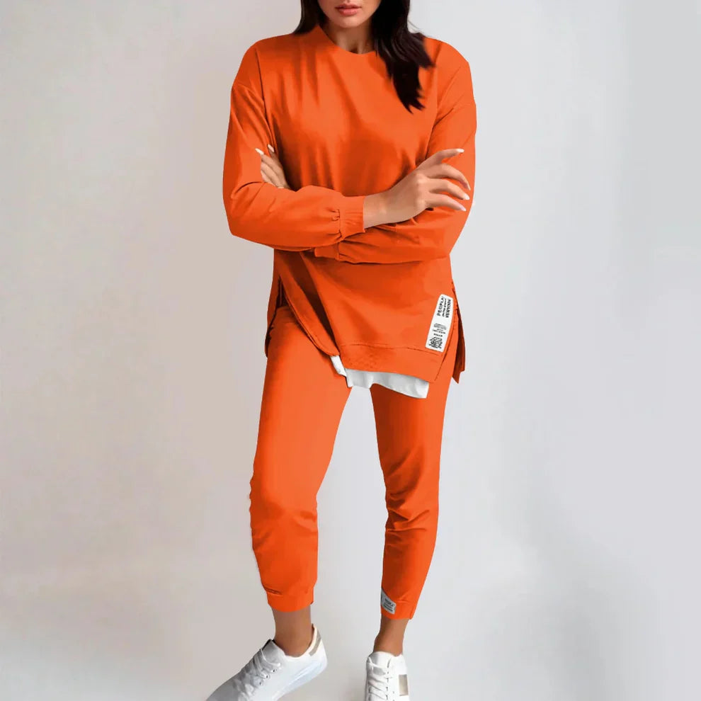 2-delt buksesæt og sweatshirt i patchwork til kvinder