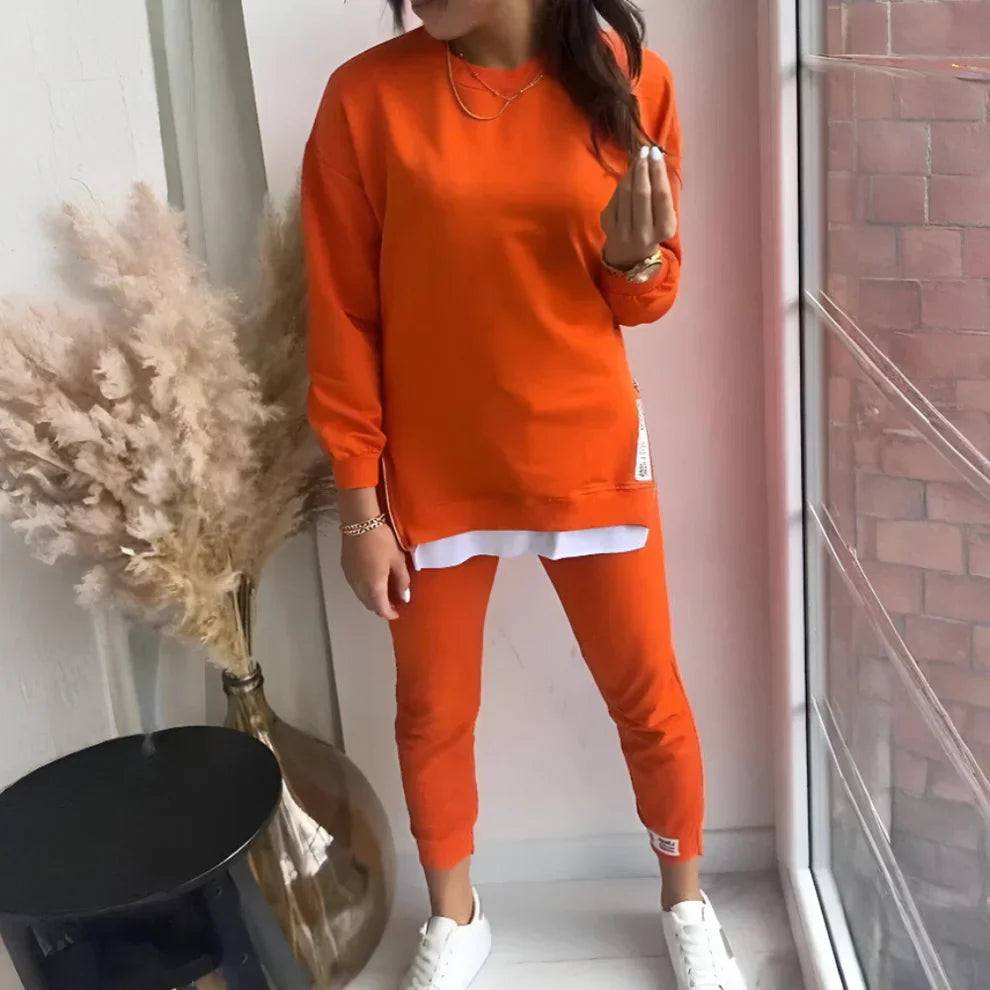 2-delt buksesæt og sweatshirt i patchwork til kvinder