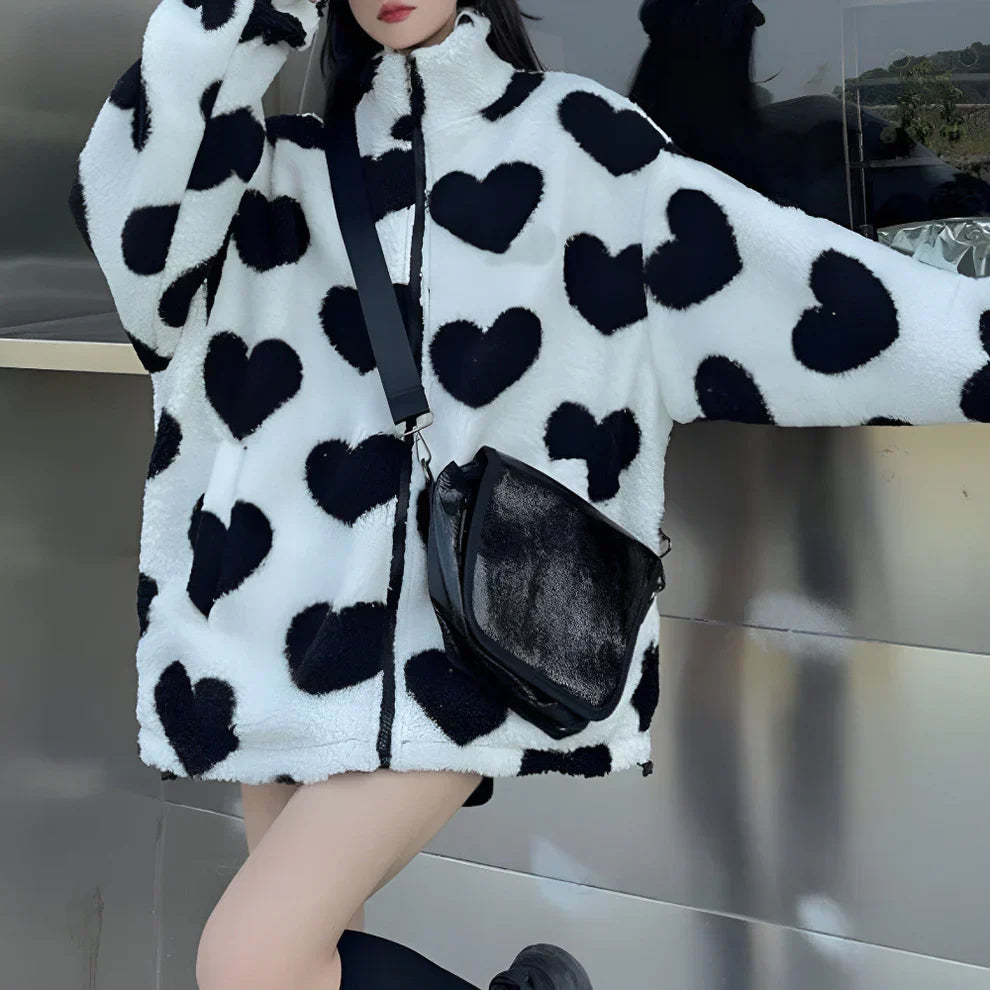 Wendbare sherpa-jakke med hjerte-design til kvinder