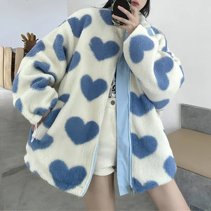 Wendbare sherpa-jakke med hjerte-design til kvinder