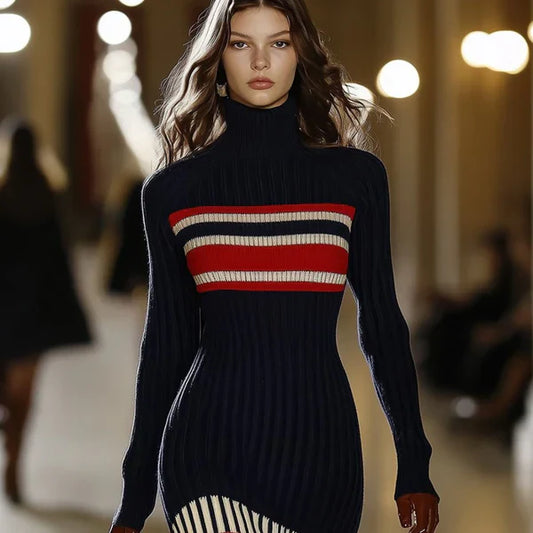 Stribet turtleneck bodycon sweaterkjole til kvinder