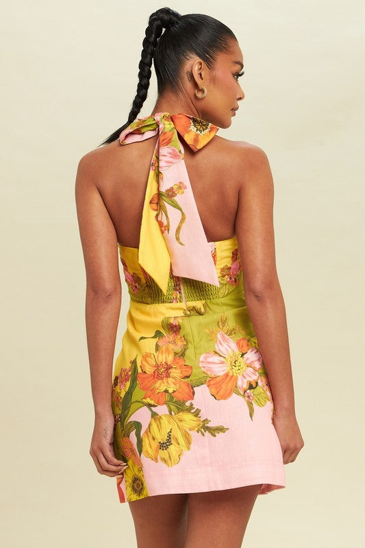 Venteliste 7/31 ♥ jules halterneck med udskæringer i blomsterprint minikjole grøn