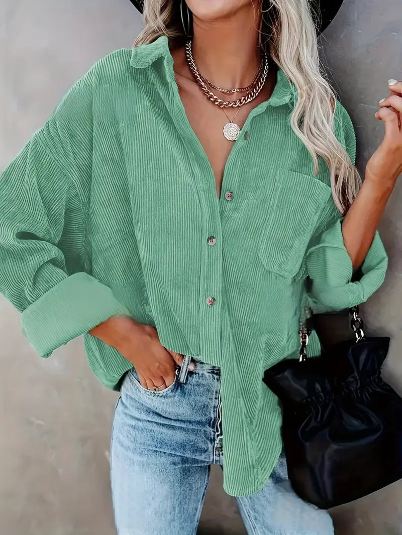 Elegant langærmet skjortebluse i fløjl til kvinder