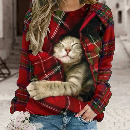 Kirsebærfarvet casual sweatshirt med kattetryk