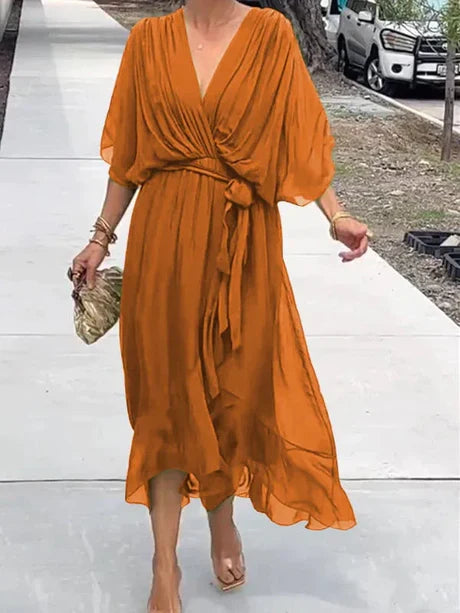 Fiona - grøn v-hals chiffon midikjole