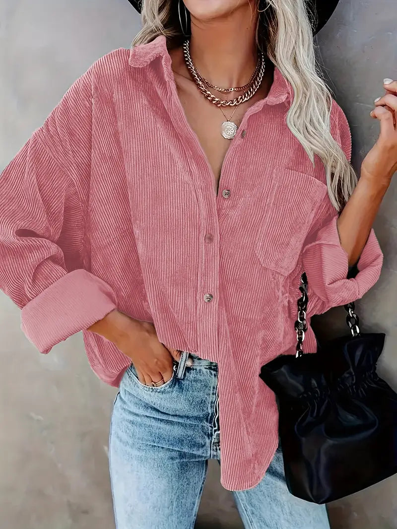 Elegant langærmet skjortebluse i fløjl til kvinder