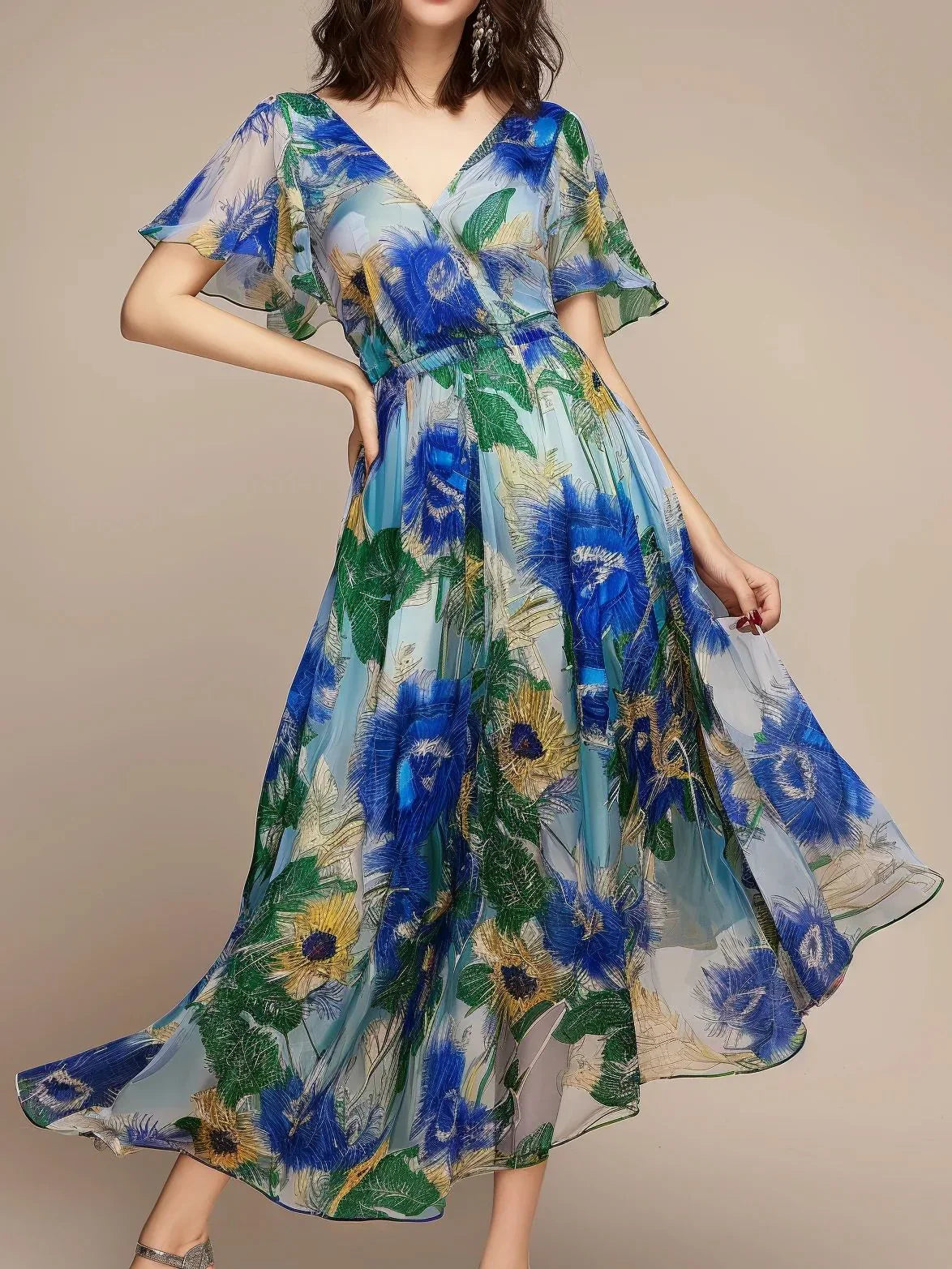 Olivia - kortærmet maxikjole med romantisk blomsterprint