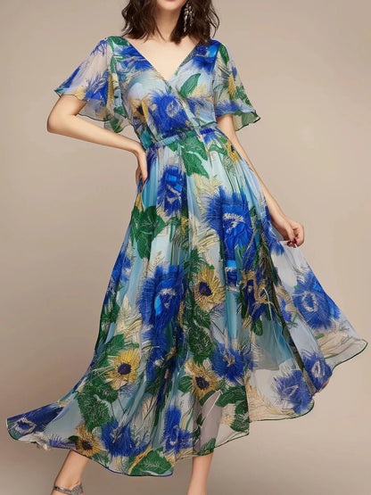 Olivia - kortærmet maxikjole med romantisk blomsterprint