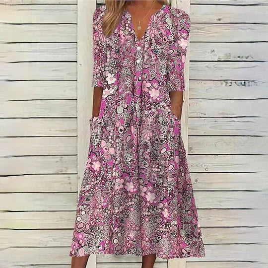 Beige blomstret midikjole - Hannah