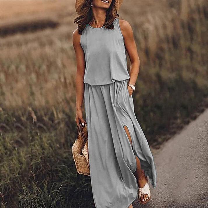 Aurelia - elegant lang boho kjole med elastik i taljen