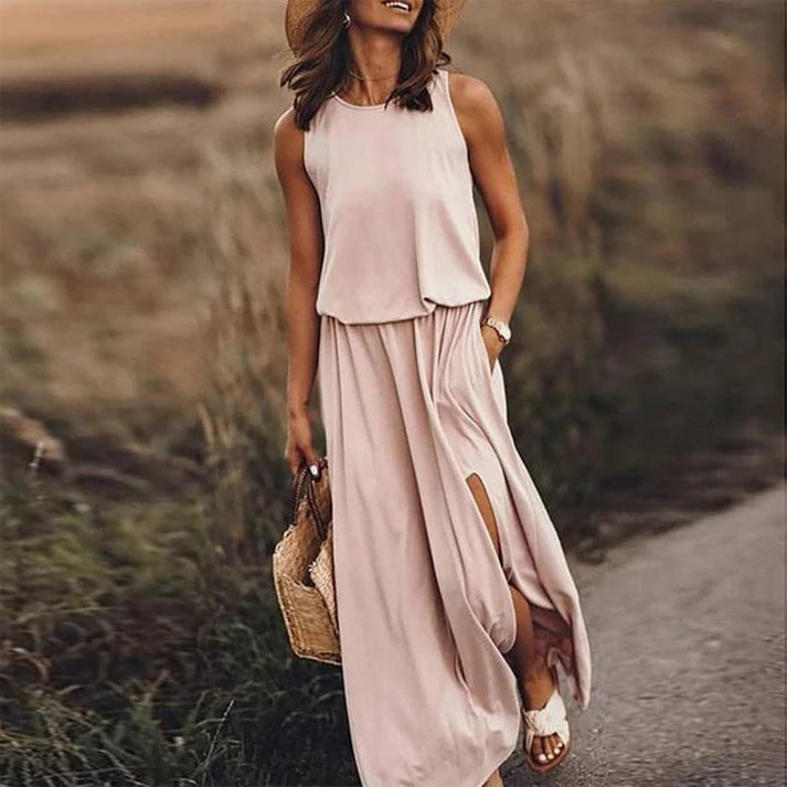 Aurelia - elegant lang boho kjole med elastik i taljen