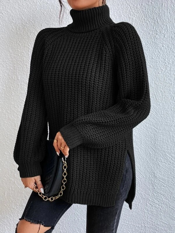 Nicole sort chunky rib rullekrave langærmet sweater til foråret