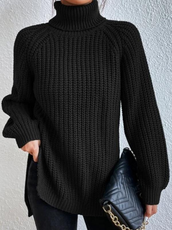 Nicole sort chunky rib rullekrave langærmet sweater til foråret