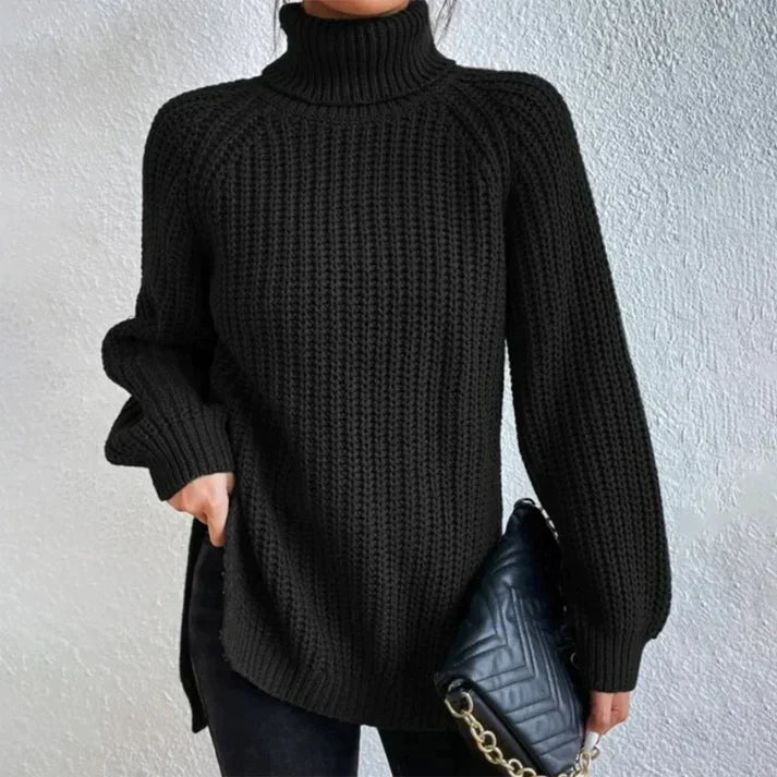 Nicole sort chunky rib rullekrave langærmet sweater til foråret